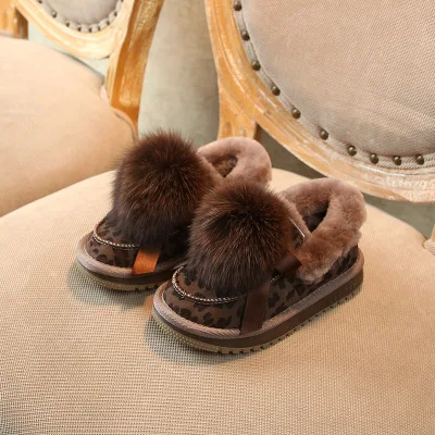 Khaki Leopard Print Children Snow Boots Big Wool Ball Girls Short Boots Warm Plush Cotton Shoes for Baby Slip on Winter Princess Shoes - Color: Khaki