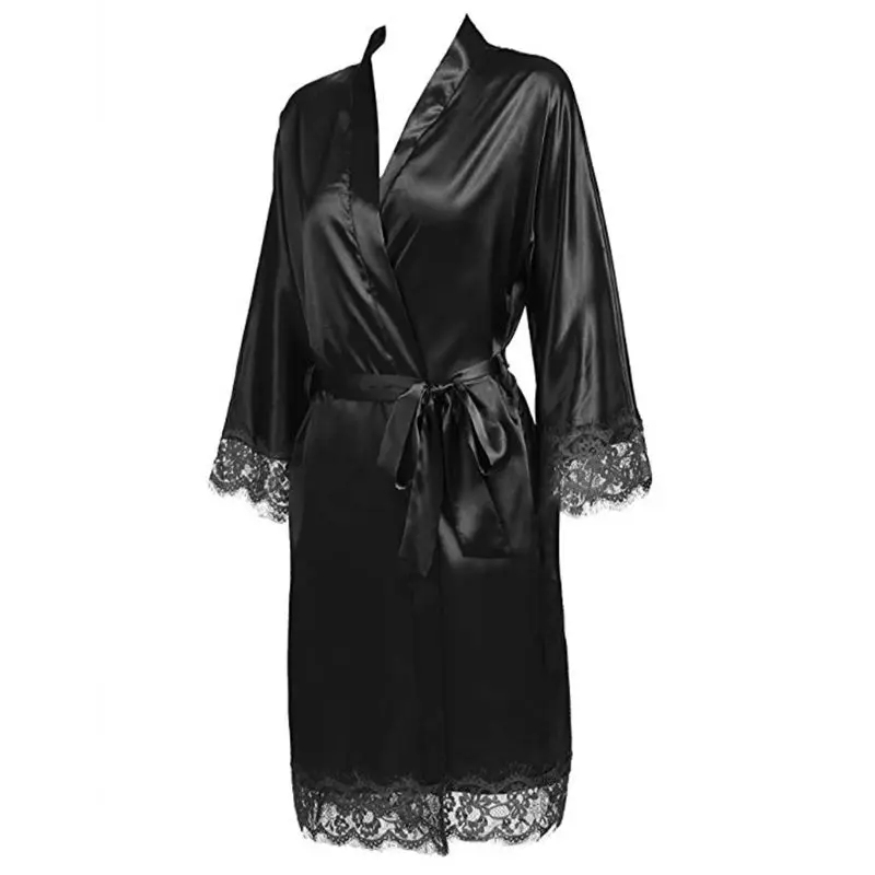 Женская Летняя шелковая ночная рубашка с коротким рукавом, сексуальное кружево с ресничками, лоскутное Короткое Кимоно, халат, однотонная Пижама с поясом с карманами