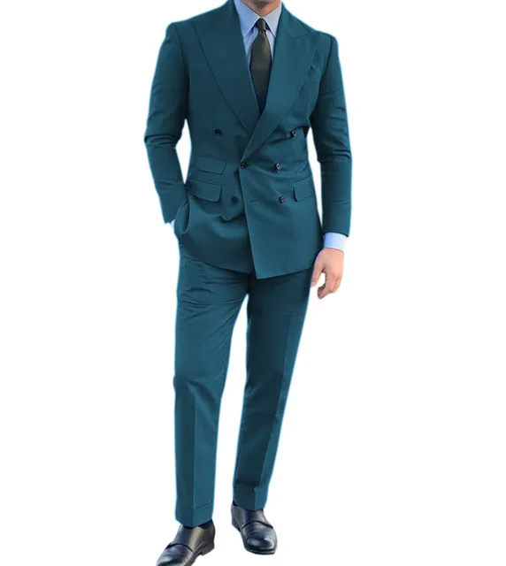 

Fashion Teal Men Suits Double-Breasted Blazers Peak Lapel Jacket Pants Sets Business Slim Fit Tuxedo Wedding Party Dress