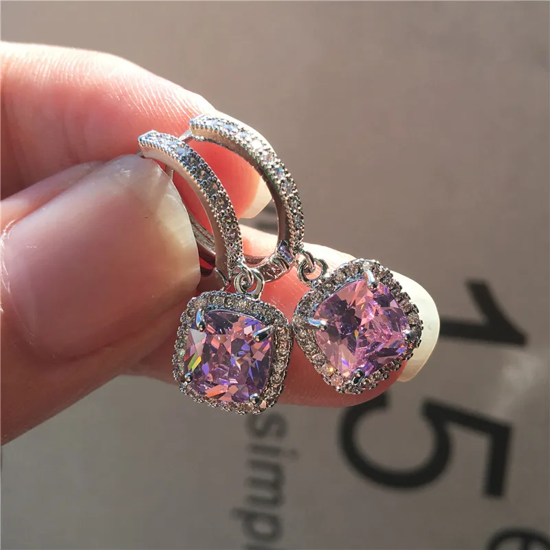 Милые женские серьги с розовым синим цирконием, элегантные квадратные серьги-кольца для женщин, 925 пробы серебряные свадебные серьги