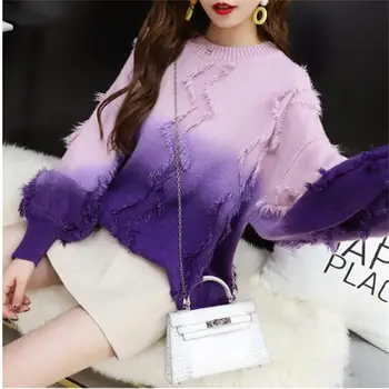 

Korean tassels pullover loose gradient women sweater jacket autumn fashion pullovers casual round neck femme knitwears