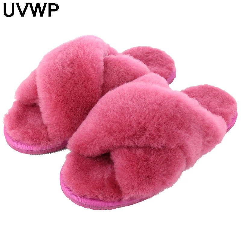 Fashion Natural Sheepskin Winter Warm Fur Slippers Women Home Shoes