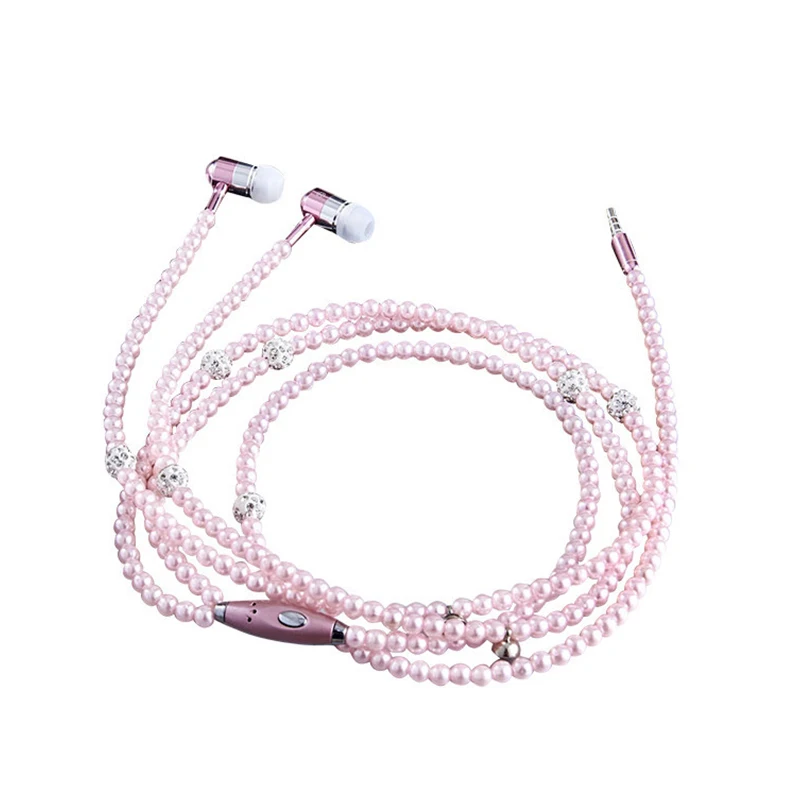 

Pearl Necklace Earphone Auriculares Con Cable Pink Rhinestone Necklace Jewelry Beads Fone De Ouvido With Mic Brithday Girls Gift