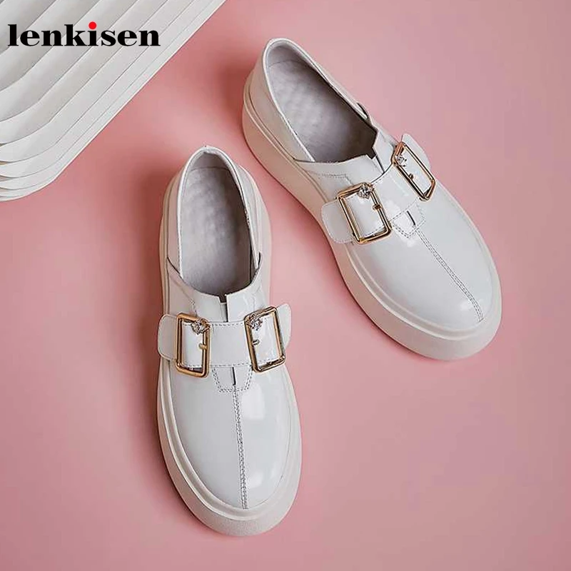 

Lenkisen modern white sneaker crystal metal buckle straps genuine leather round toe high heels platform vulcanized shoes L28