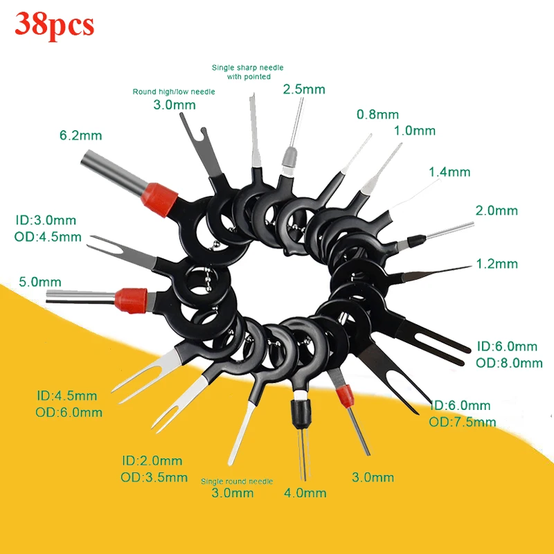 

38Pcs Car Terminal Removal Electrical Wiring Crimp Plug Connector Extractor Kit Key Repair Hand Puller Release Pin Removal Tools