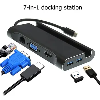 

7 in 1 Type-C HUB Converter 4K Video HDMI VGA RJ45 3 USB 3.0 Splitter Adapter Dock PD Charging for Laptop Phone