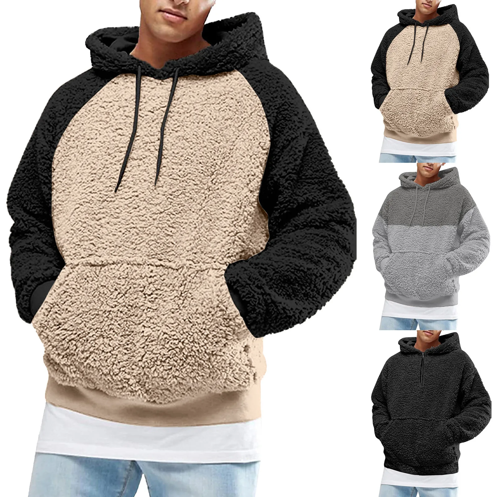 Men Fuzzy Pullover Hoodie Sweatshirt Long Sleeve Sport Front Pocket Fall Outwear Streetwear Patchwork Hooded Sweatshirts 1