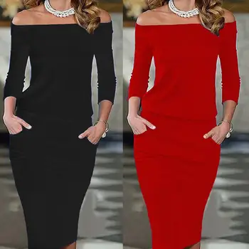

Sexy Fashion Lady Solid Color Off Shoulder Slim Bodycon Cocktail Midi Dress Polyester and Spandex Off Shoulder Women's Dress