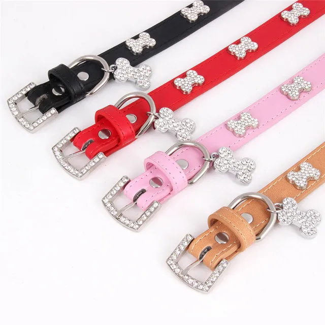 Cats Dogs Collar Leather Adjustable Decoration Bling Dog Bone Pendant Necklace Pet Collar with Rhinestones Pet Accessories Stuff 4