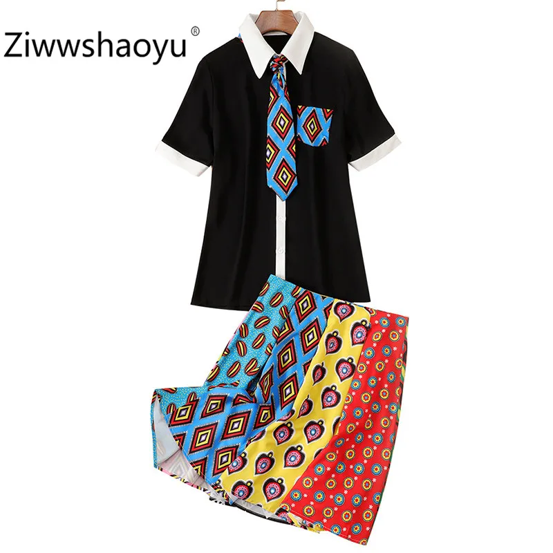 

Ziwwshaoyu Fashion Office Lady Two Piece Set Women Short Sleeve Tie Black Blouse + Colorful Geometric Print Skirts Twinse