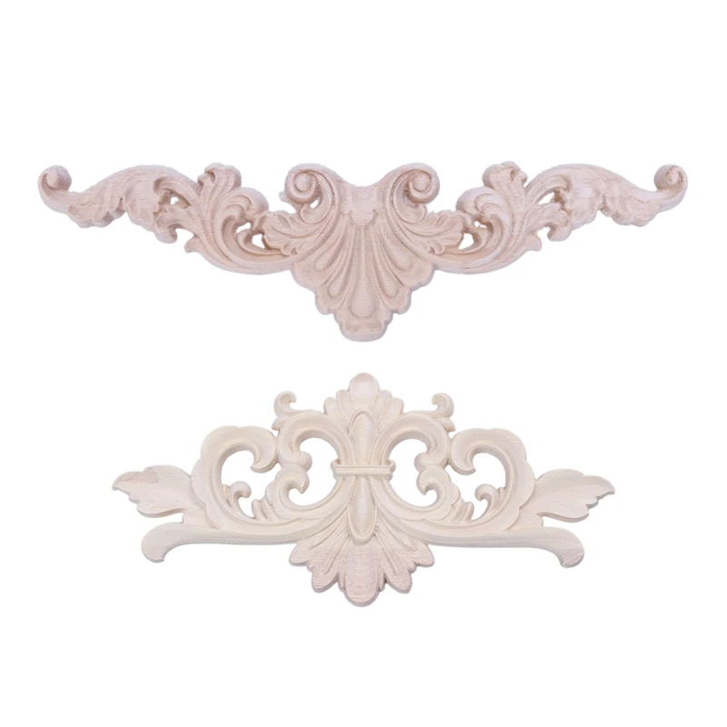 

2 Pcs Wood Carved Corner Onlay Applique Frame Decor Furniture Craft Unpainted, 20x5Cm & 22x10Cm