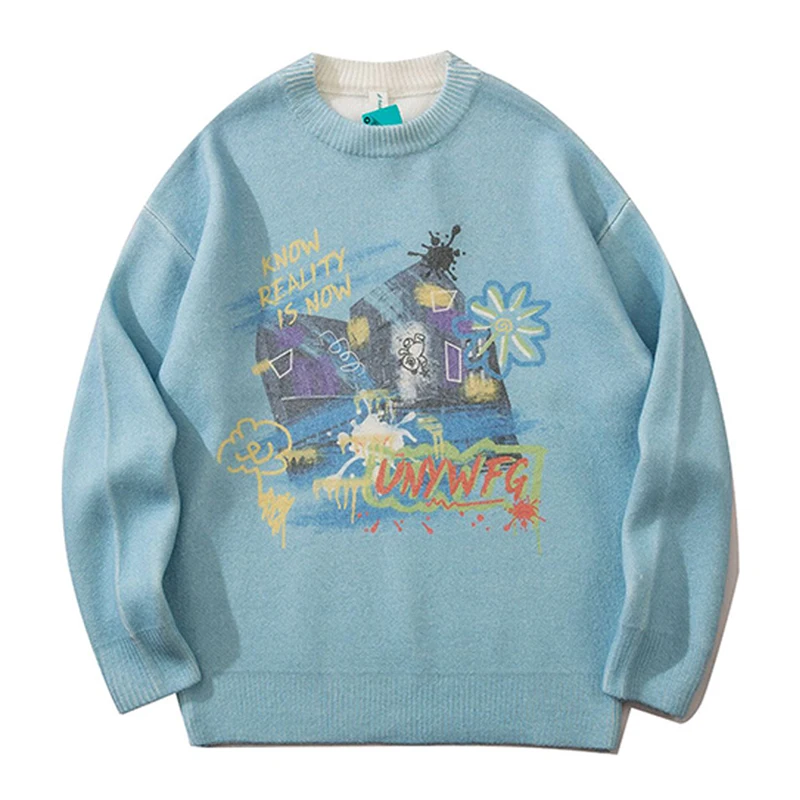 

High Street Knitted Sweater Men Harajuku Crayon Painting Pullover Japanese College Style Loose Sweaters Women Casual Streetwear
