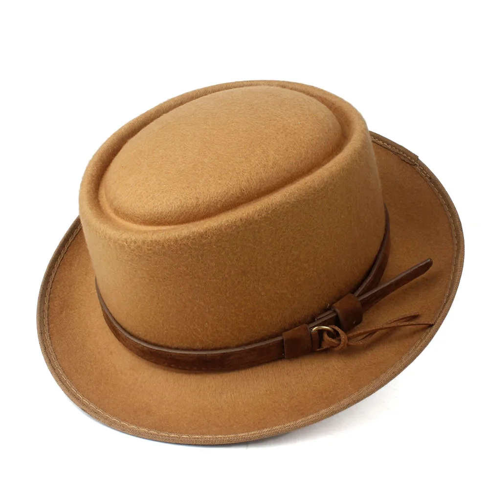 Khaki Женская Мужская шляпа-пирожок с поясом Fedora Hat для джентльмена шерстяная плоская Фетровая Шляпа Чародей шляпка для церкви - Цвет: Khaki