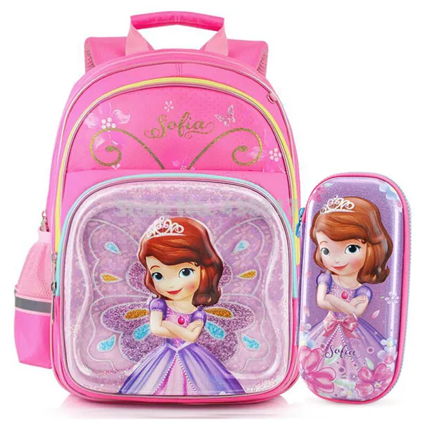 3D Pink Purple Butterfly Sofia Princess Girls School Bag Pencil Case For Kids Children Elementary Primary School Backpack Bag - Цвет: With Pencil Case