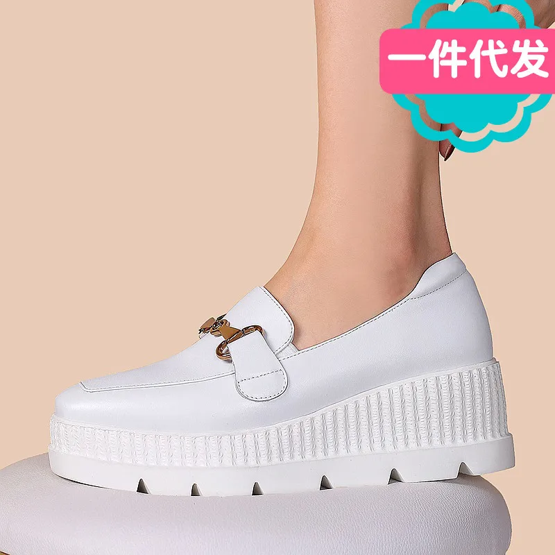 

Ozhouzhan Thick Bottomed Casual Shoes round Leather Shoes Loafers Autumn Platform Shoes Flat Slanted Heel Cowhide Women's