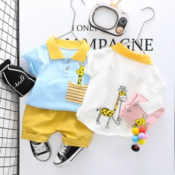 

HYLKIDHUOSE Toddler Infant Clothing Sets 2020 Summer Baby Boys Short Sleeve Giraffe Lapel T Shirt Shorts Kids Children Clothing