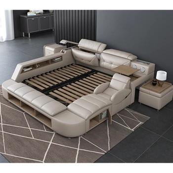 

King size Genuine leather bed frame Soft Beds massager storage safe Bedroom cama muebles de dormitorio /camas qu