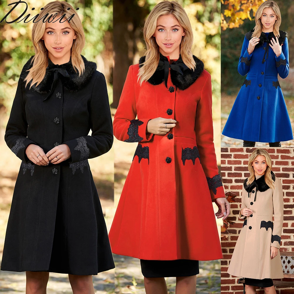 

Diiwii Women Dress New Style Black/Red/Blue Lace Patchwork Wool Coat Female Fashion Long Warm Trench Lady Single-Buttoned