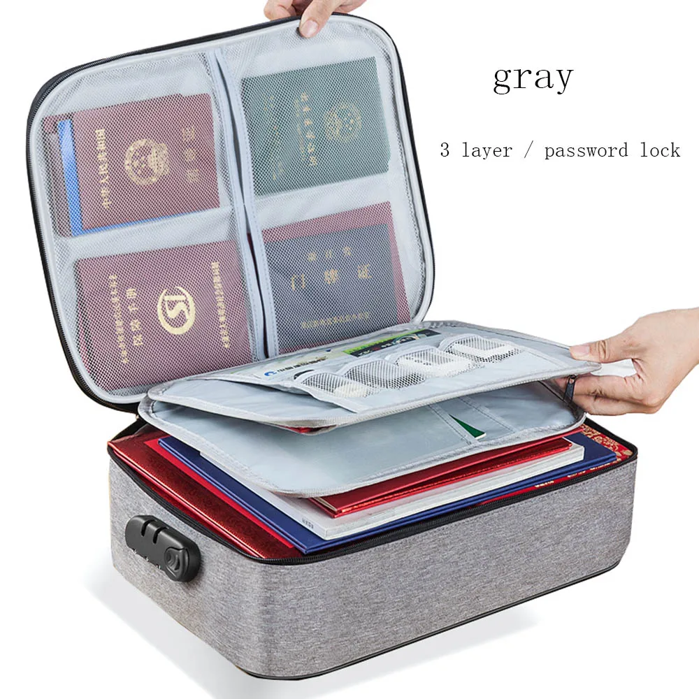 gray-password lock Сумка для хранения документов, бытовая многослойная Большая вместительная многофункциональная сумка, отделочная сумка для паспорта, одиночная цепная посылка для карт - Цвет: gray-password lock