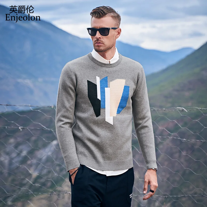 

Enjeolon Men's Sweater Patchwork O-Neck Clothes Mens Sweaters Pullovers Winter Slim Fit Knitted Pull Homme MY3447
