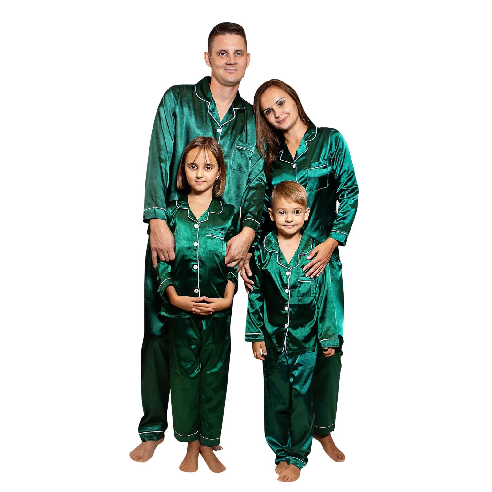 thumbnail image 2 of Pijama de satén navideño de 2 piezas, pijama de color liso para toda la familia, conjunto de pantalones de dormir de manga larga para Navidad, para niños, niñas, mujeres y hombres, 2 of 5