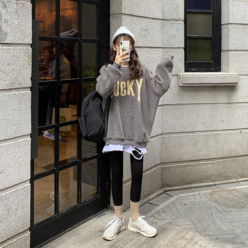 Поддельные двухсекционные Ulzzang из овечьей шерсти женские зимние новые корейские ins Harajuku винтажные свободные шикарные повседневные женские толстовки с надписью Lucky