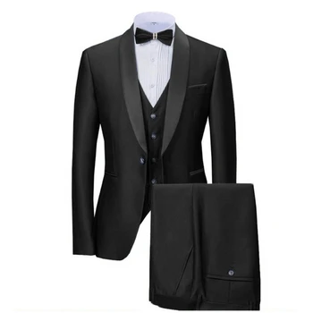 

New Navy Blue Mens Suits 3 Pieces Formal Business Blazer Tuxedos Shawl Lapel For Wedding Groom man ( Jacket+Vest+Pants)