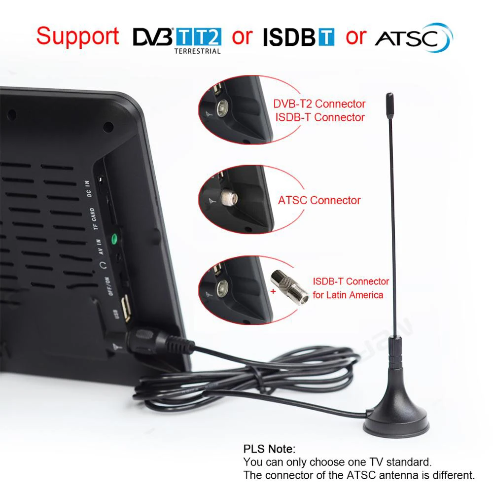 9 inch Portable TV DVB-T2 ATSC ISDB-T tdt Digital and Analog mini small Car Television Support USB TF PVR MP4 H.265 AC3