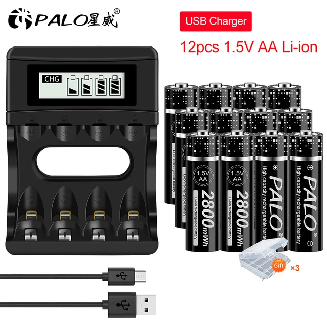 PALO 1.5V AA Battery Rechargeable 2800mWh 1.5V AA Li-ion lithium Battery aa batteries for Remote Control flashlight with Charger 12pcs and charger