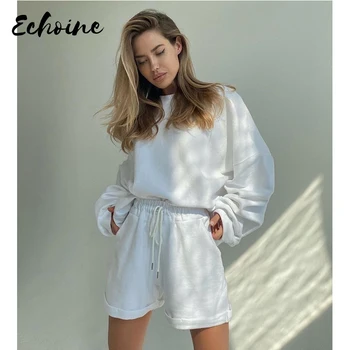 

Autumn New Fashion 2Pcs Sports Clothing Suit Casual Womens Girls Sweater Hoodie Long Sleeve Hoodies+High Wait Shorts Sets Outfit