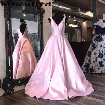 

Mbcullyd Pink A-line Prom Dresses Long 2020 Sexy V-neck Evening Party Gowns Formal Sweep Train vestidos de fiesta de noche