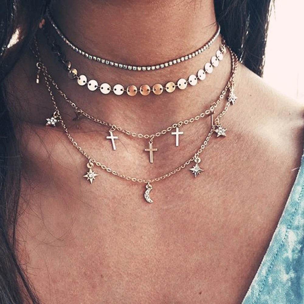 Multi-layer Crystal Geometry Necklace Vintage Star Moon Sun - Image 3