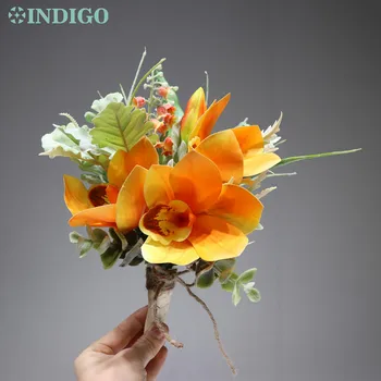 

INDIGO Designed - Orange Cymbidium Flower Bouquet Flower Arrangement Table Artificial Flower Party Home Event Free Shipping