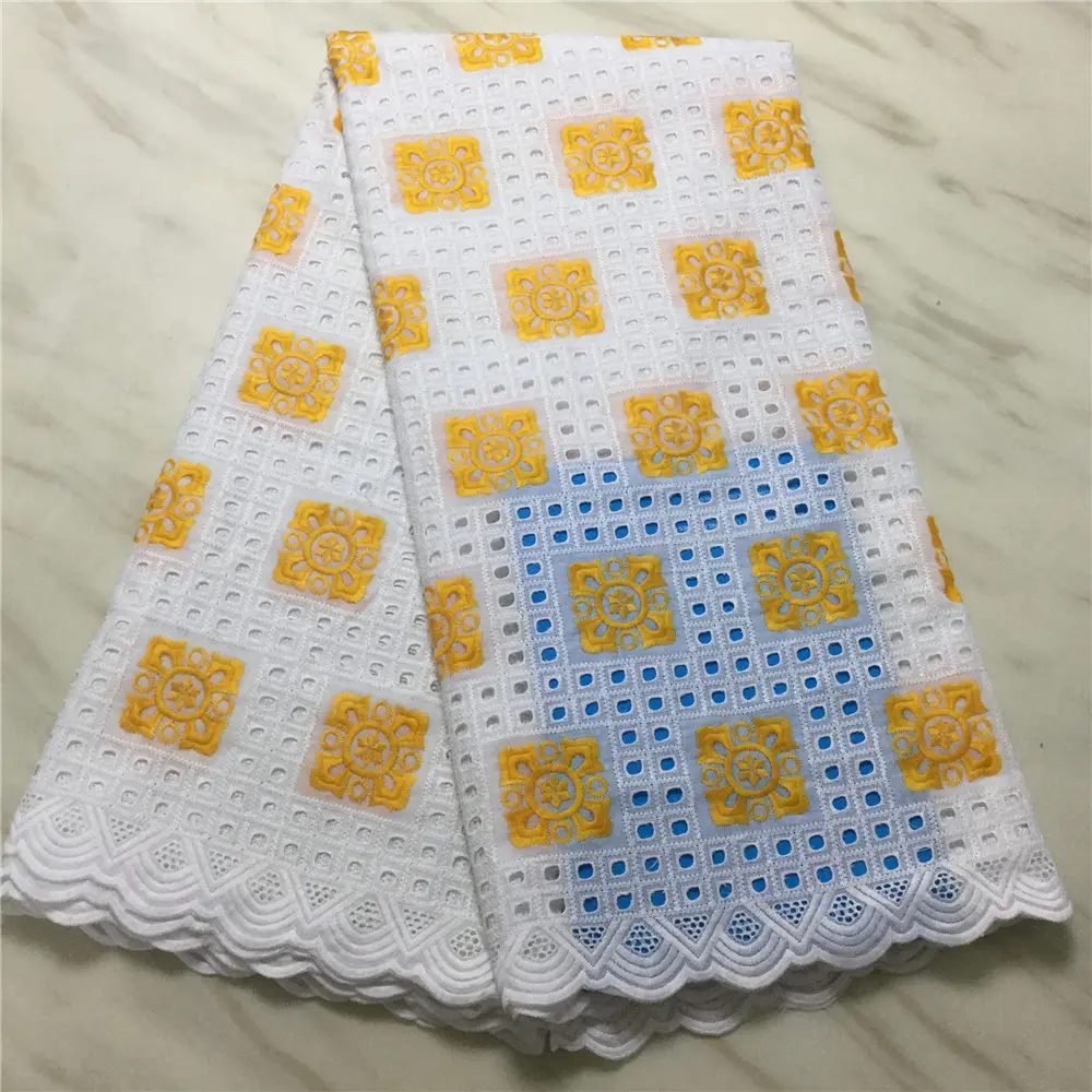 

White and yellow Lace Fabrics Embroidered Nigerian Swiss Voile Lace In Switzerland High Quality 2019 Cotton Swiss Lace Fabric