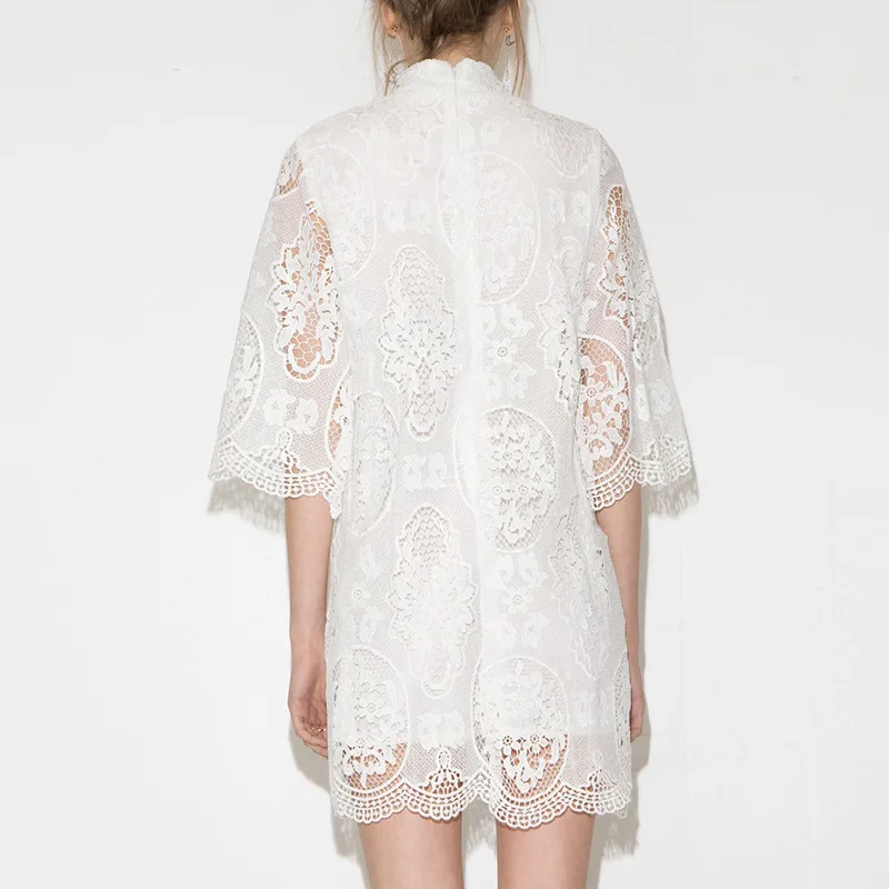 

2019 Summer Customizable Lace Dress Sweet Delicacy Fan-shaped Crocheted Flowers Pierced Small Stand Collar Short Skirt Women's