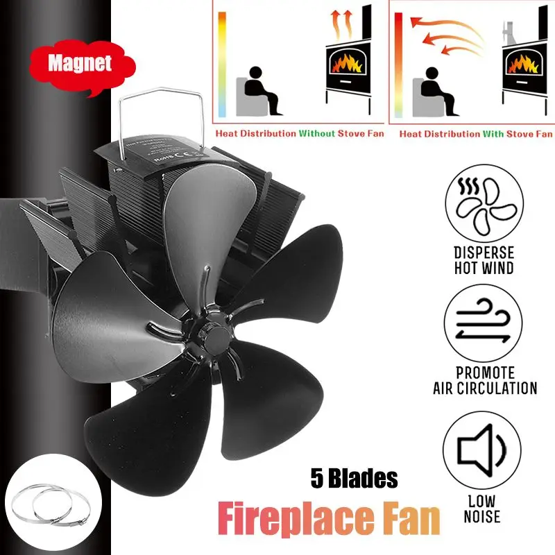 

Upgrade Black Fireplace 5 Blade Heat Powered Stove Fan Log Wood Burner Eco Friendly Quiet Fan Home Efficient Heat Distribution