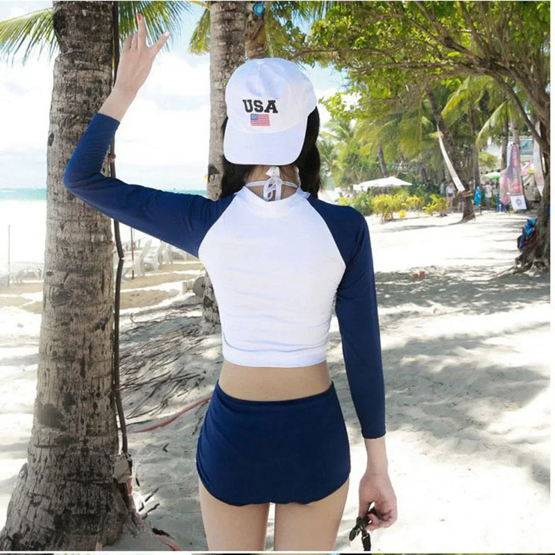 Корейский Rash Guard купальник с длинным рукавом для серфинга женский синий купальный костюм с рукавом купальники УФ футболка женский трико для серфинга