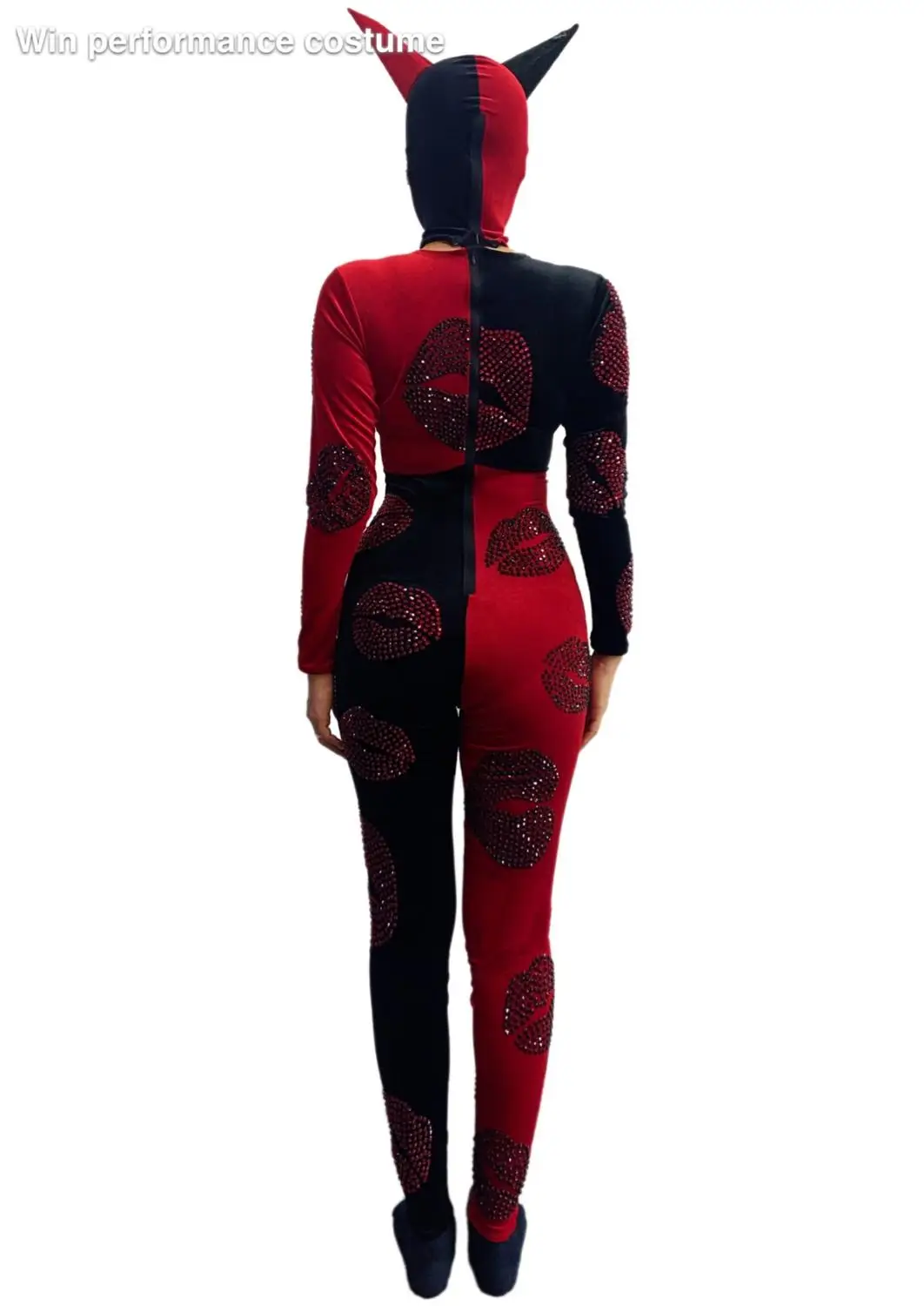 Halloween Outfit Bodysuit Singer Party Show Shining Wear Stage Rhinestone CostumeRed ghost head mask headgear Cosplay Adult Scar
