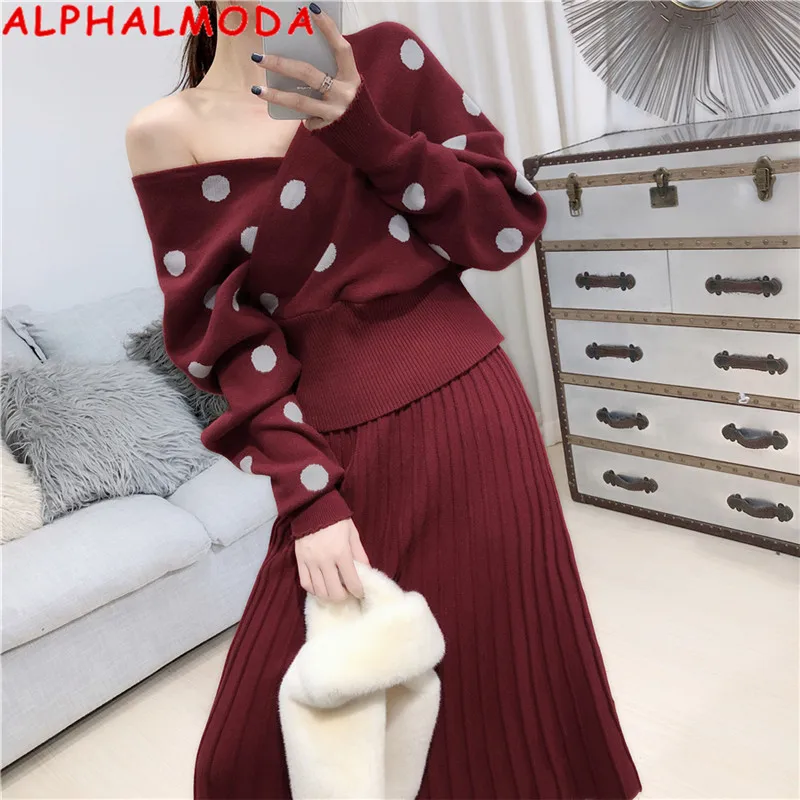 ALPHALMODA, новинка, Зимний вязаный костюм с юбкой в горошек, свитер с v-образным вырезом и рукавом «летучая мышь», женский модный джемпер+ плиссированная юбка, вязаный комплект