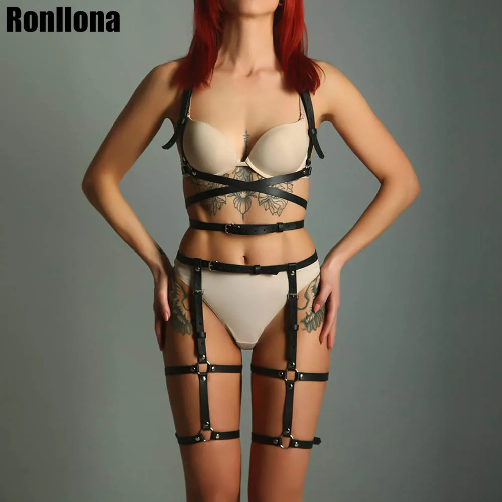 Ronllona кожаное нижнее белье, комплект из 2 предметов, подвязки, ремни, сексуальный женский пояс, бандаж для ног, клетка, ремни, бюстгальтер, подвязки, ремни для тела