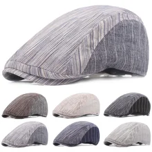 Полосатый берет для мужчин и женщин, льняная хлопковая солнцезащитная кепка для вождения, регулируемая кепка газетчика
