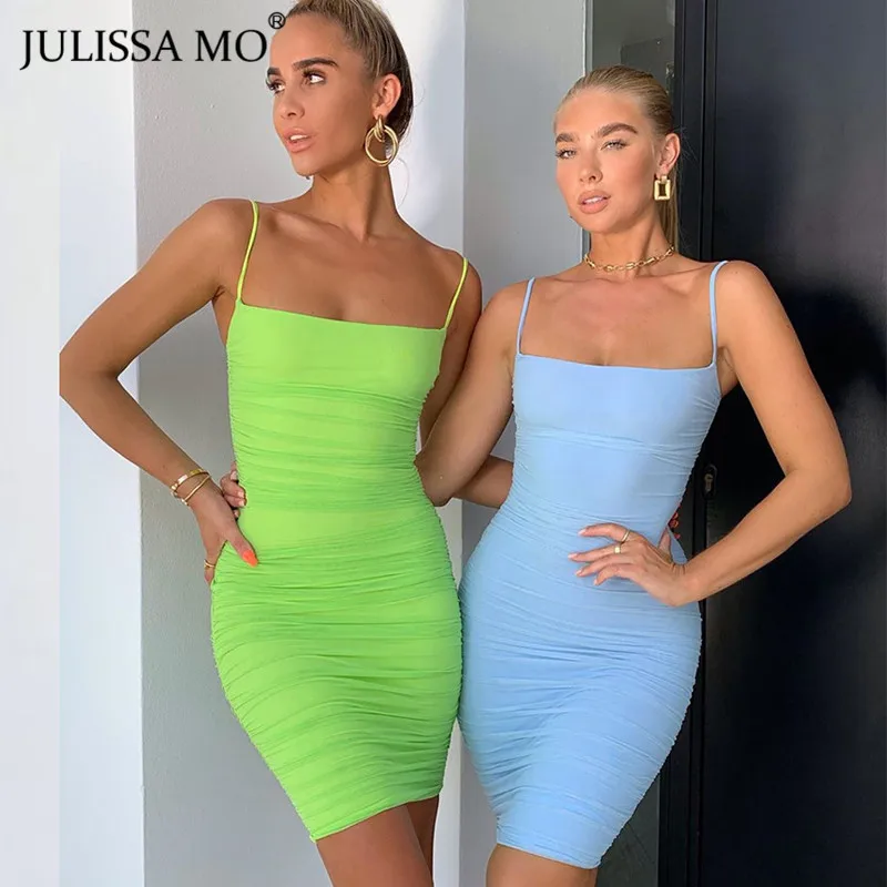 

JULISSA MO Double Layers Party Dress Women Summer Sleeveless Spaghetti Strap Sexy Bodycon Dress Fashion Pleated Mini Dresses