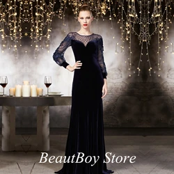 Mother Of The Bride Dresses Dubai robe de soiree Velvet Woman Long Sleeve Through vestido de fiesta A-Line Formal Wedding Dress2