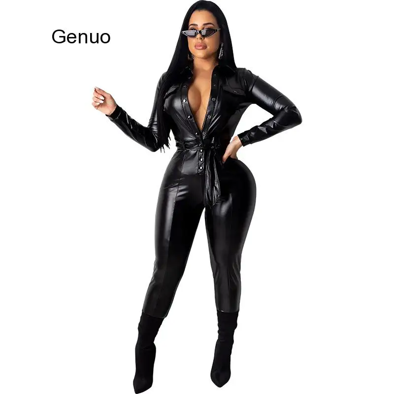 

Женские комбинезоны из искусственной кожи с высокой талией, обтягивающие боди на шнуровке, женские однобортные сексуальные комбинезоны из искусственной кожи на осень и зиму