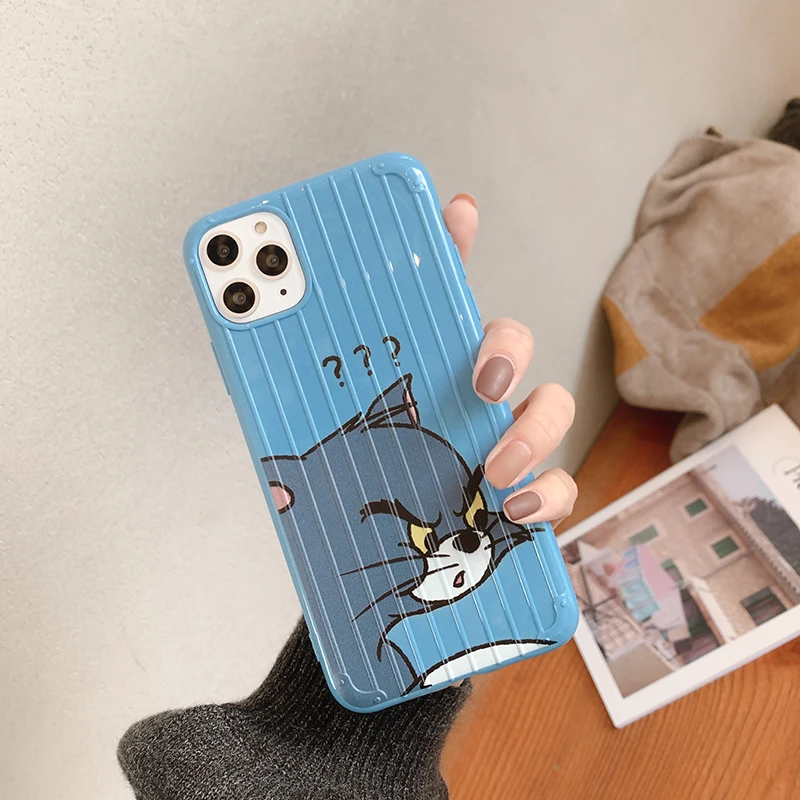 Чехлы для телефонов с мультяшным котом и мышкой для iPhone X, XR, Xs, Max, 8, 7, 6, 6s Plus, 11 Pro, Max, 3D полосатый чемодан, мягкая задняя крышка из ТПУ