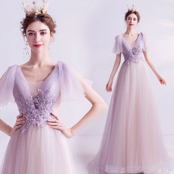 

Elegant Evening Dress A-line V-neck Tulle Lace Beaded Crystal Formal 2020 New Fashion Party Dresses Evening Gown JA78