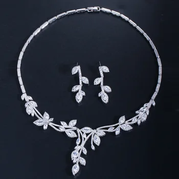 

White Gold Color High Quality Cubic Zirconia Wedding Necklace and Earrings Luxury CZ Crystal Bridal Jewelry Sets for Bridesmaids