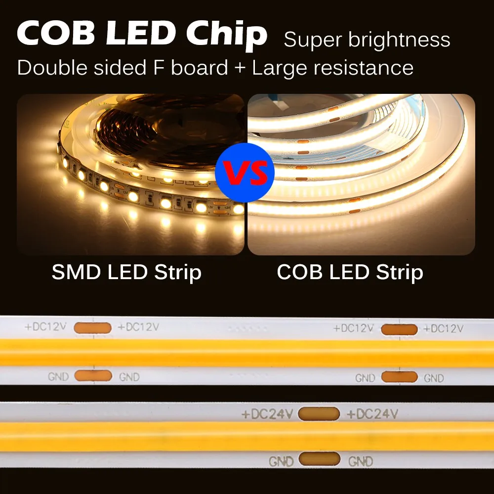 5m/lot COB LED Strip Light 528 LEDs High Density Super Bright Flexible COB LED Lights DC12V 24V LED Tape
