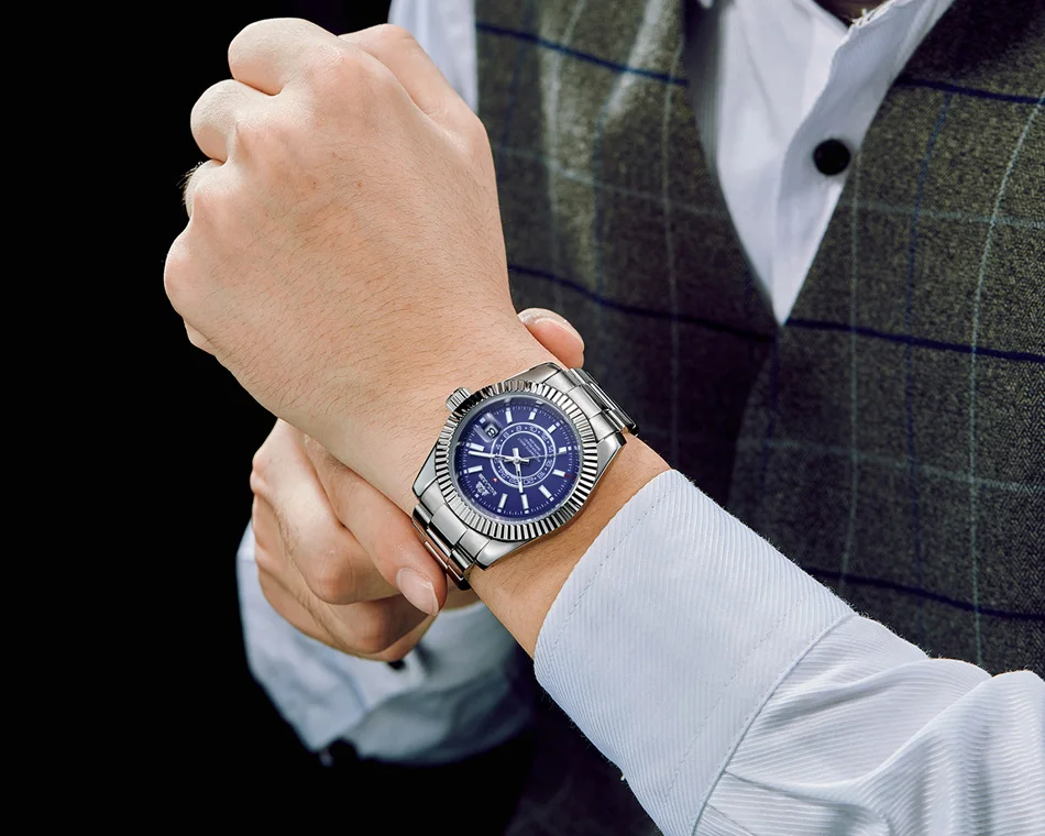 Мужские механические часы с автоматическим заводом и ремешком из нержавеющей стали, цвета: розовое золото, серебро, синий, роскошные часы с датой, 40 мм
