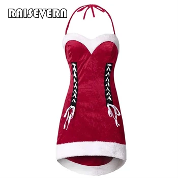 

Christmas Santa Claus Dress Plus Size Halter Velvet Backless High Low Christmas Dress Lace Up Open Back Velvet Dress 5XL
